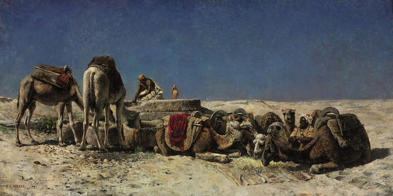 Kamelit säiliön vieressä af Edwin Lord Weeks