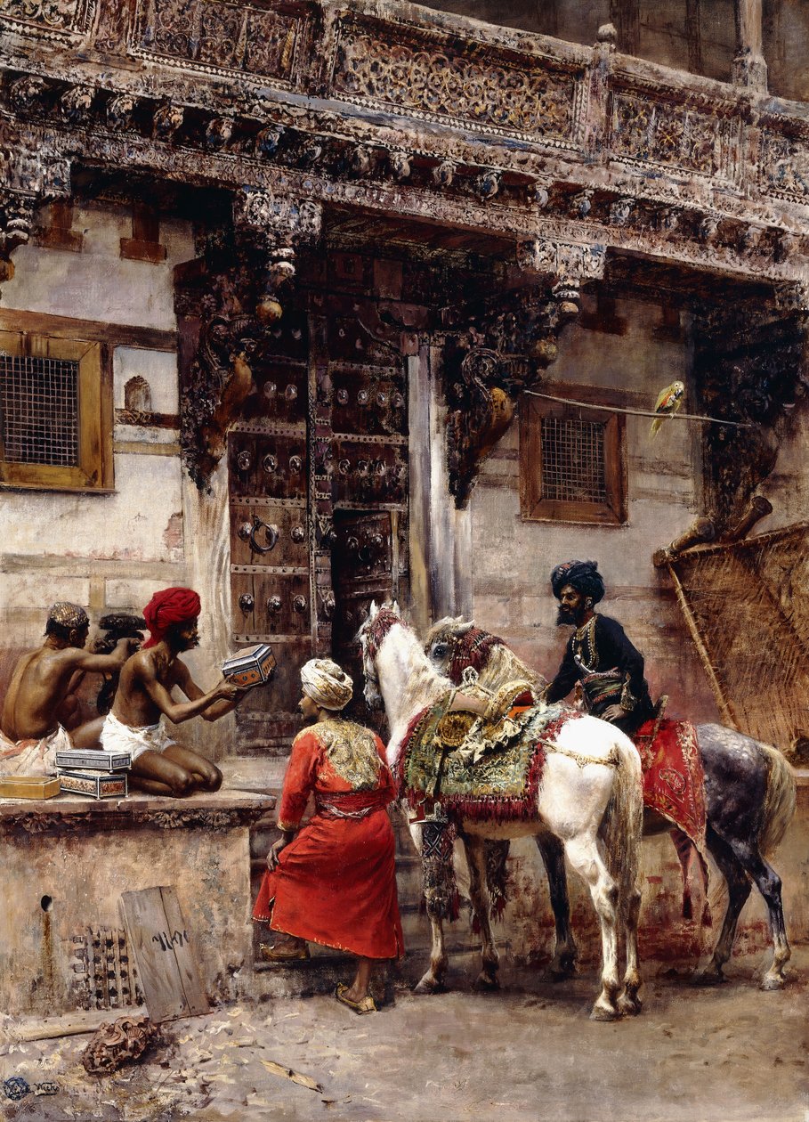 Håndværker sælger etuier ved en teak-træbygning, Ahmedabad, ca. 1885 af Edwin Lord Weeks