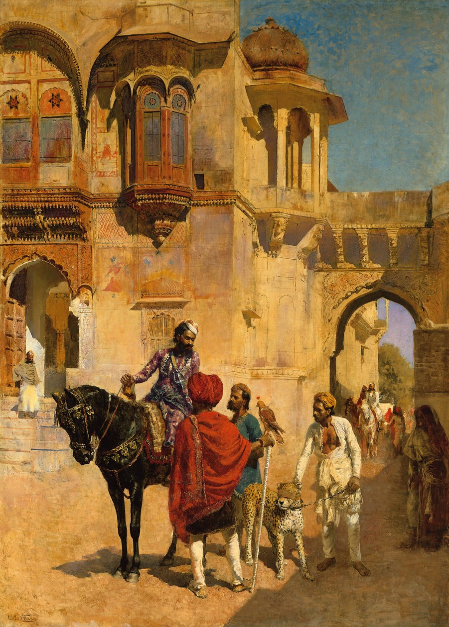 Afgang til jagten på forgården til et palads i Jodhpore, ca. 1898-1900 af Edwin Lord Weeks
