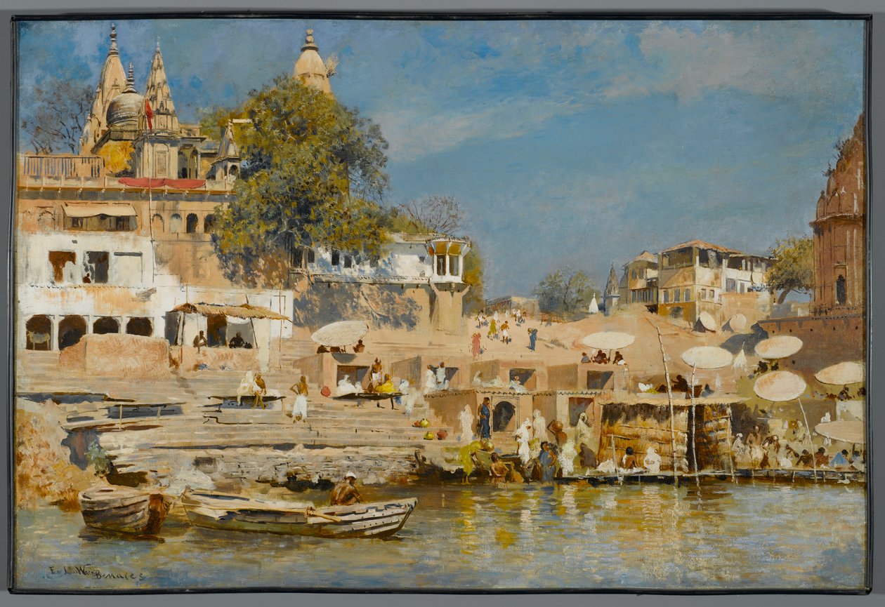 Templer og badeghat ved Benares, 1883-85 af Edwin Lord Weeks