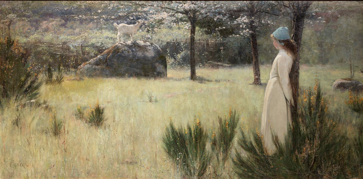 Den unge hyrdinde og hendes ged på en forårsgræsgang af Edwin Sherwood Calvert