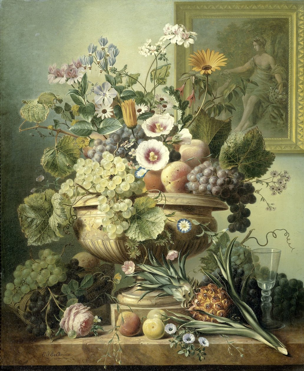 Stilleben med blomster og frugt af Eelke Jelles Eelkema