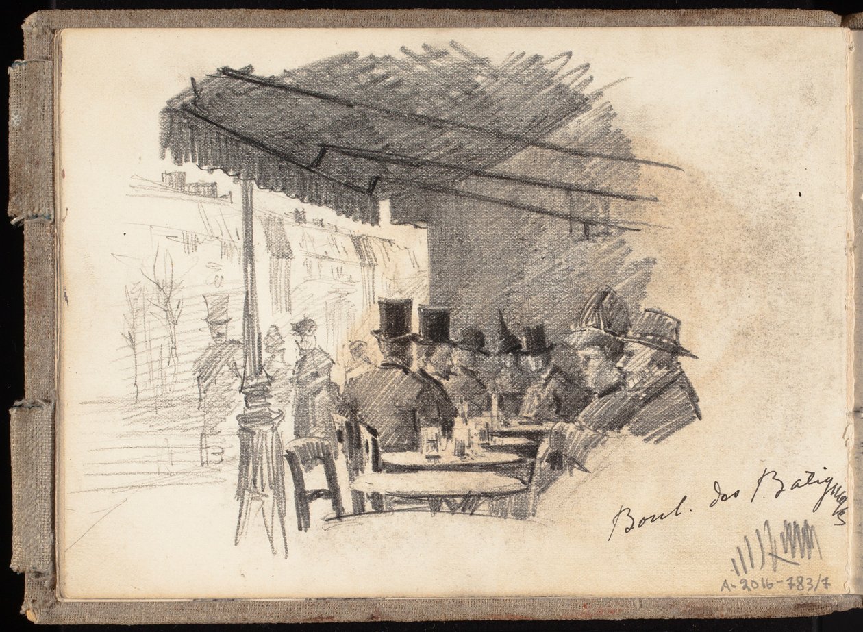 Udecafé i Paris, Boulevard des Batignolles, side fra Järnefeltas skitsebog af Eero Järnefelt
