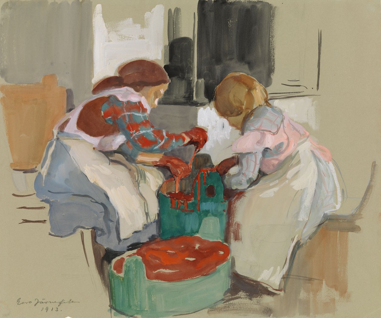 To piger farver stof af Eero Järnefelt