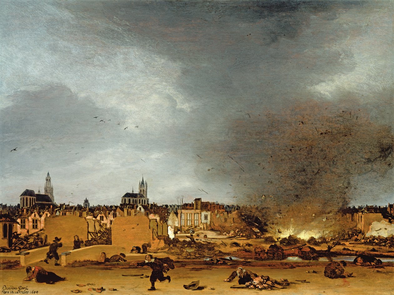 Udsigt over Delft med eksplosionen i 1654, 1654 af Egbert van der Poel