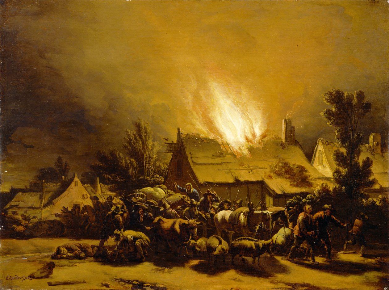 Bønder på flugt fra en brændende lade, ca. 1655 (olie på egetræspanel) af Egbert van der Poel