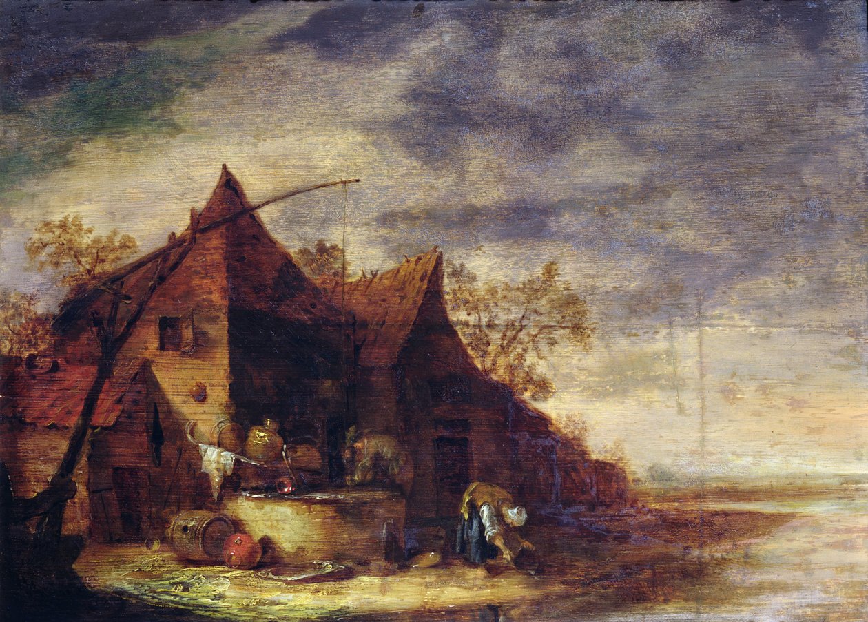 Kvinde foran et sommerhus af Egbert van der Poel