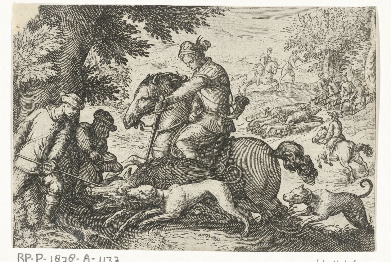 Bakket landskab med vildsvinejagt Jagtscener (serietitel) Ikoner Venantum Art Varias Representantes (serietitel) af Egbert Jansz.