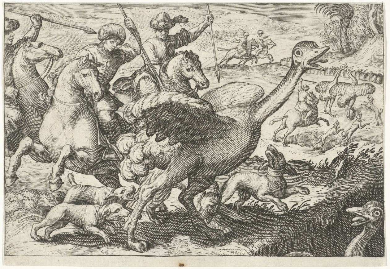 Landskab med strudsejagt Jagtscener (serietitel) Ikoner Venantum Art Varias Representantes (serietitel) af Egbert Jansz.