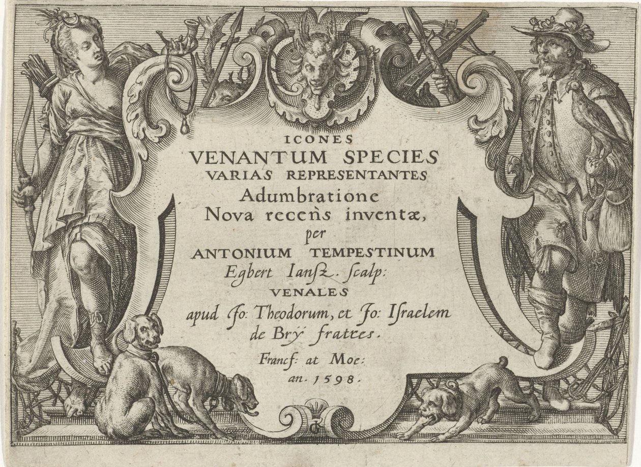 Titeltryk til en serie med jagtscener Jagtscener (serietitel) Ikoner Venantum Art Varias Representantes (serietitel på objekt) af Egbert Jansz.