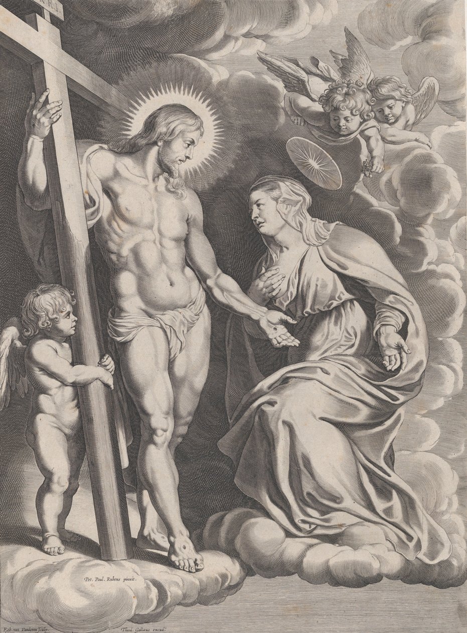 Jomfruens forbøn, knælende på en sky lige foran Kristus, står ..., ca. 1610-37. af Egbert van Panderen