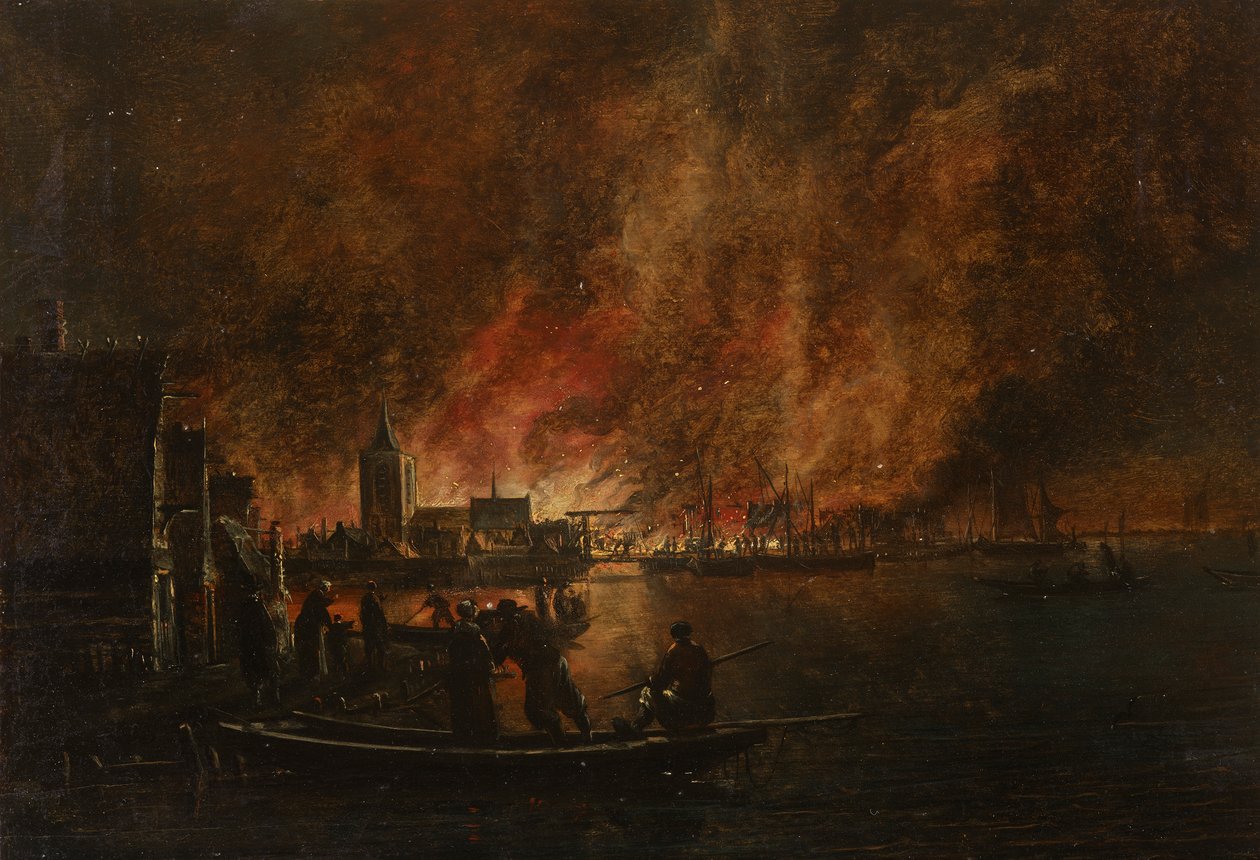 Natlig brand over hollandsk by af Egbert van der Poel