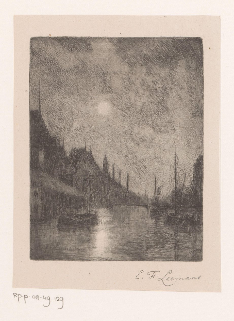 Udsigt over floden i en by om natten af Egide François Leemans (signed by artist)
