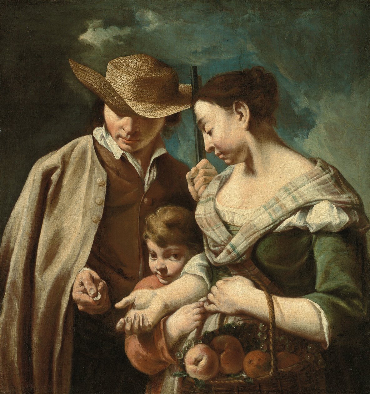 En frugtsælger og en ung dreng med en kurv med ferskner, pærer og vindruer i et landskab med en mand, der holder en pistol og en mønt, ca. 1705-84 (olie på lærred) af Egidio (attr.to) Dall