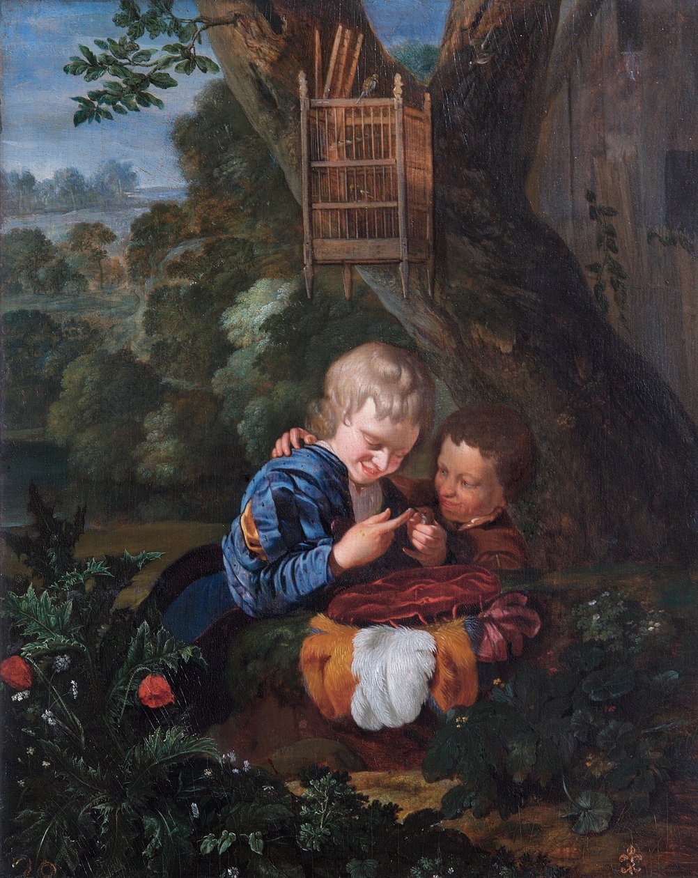 Drenge med fanget fugl (olie på egetræspanel) af Eglon Hendrick van der Neer