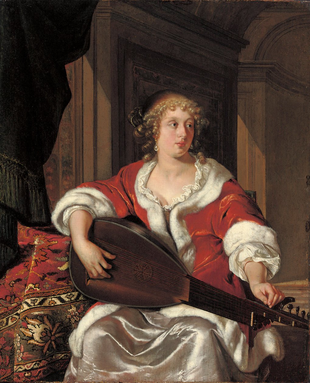 En ung dame stemmer sin lut af Eglon van der Neer