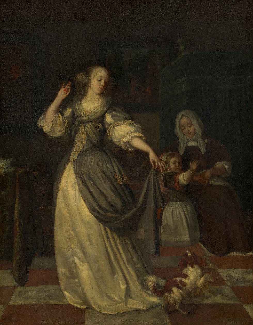 En dame leger med en hund af Eglon van der Neer