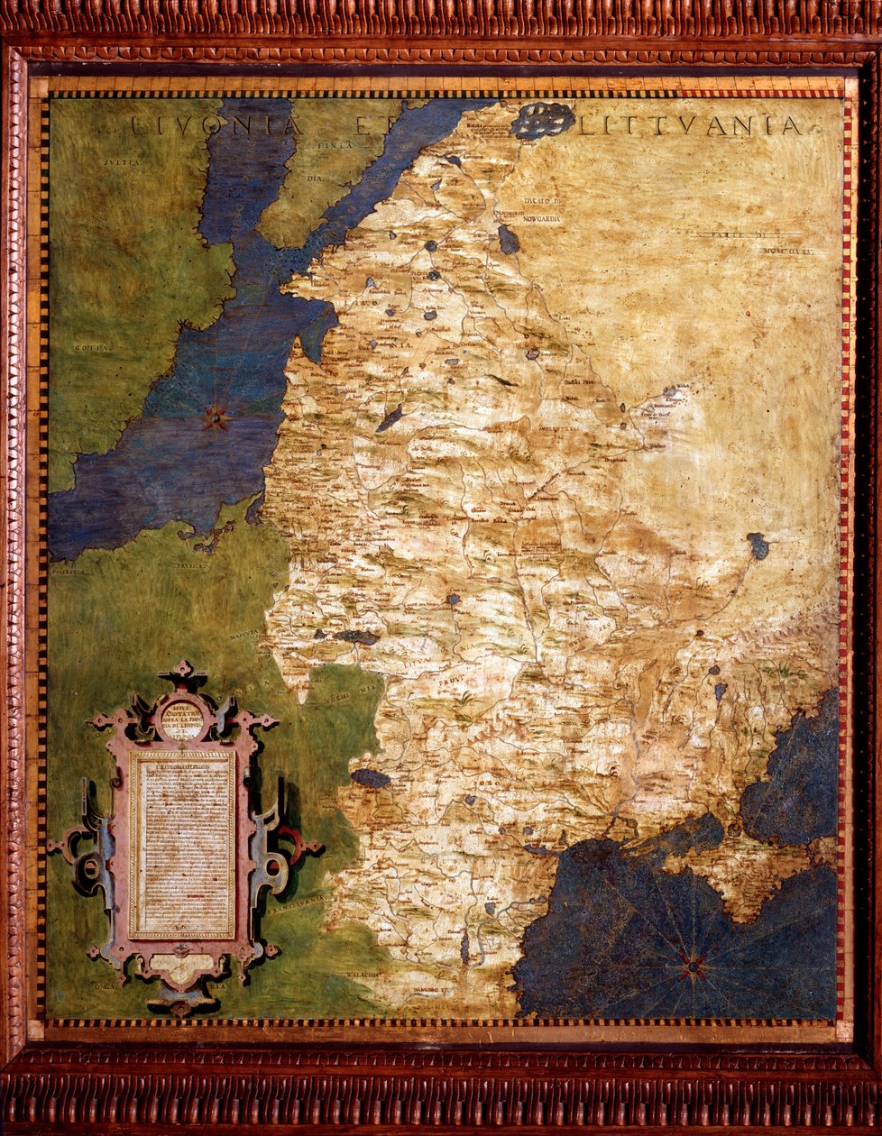 Livland ved Østersøen, og Litauen Kort af Egnazio Danti (1536-1586) matematiker, kosmograf og italiensk arkitekt. Omkring 1567. Firenze, Palazzo Vecchio, Sala del Mappamondo af Egnazio Danti