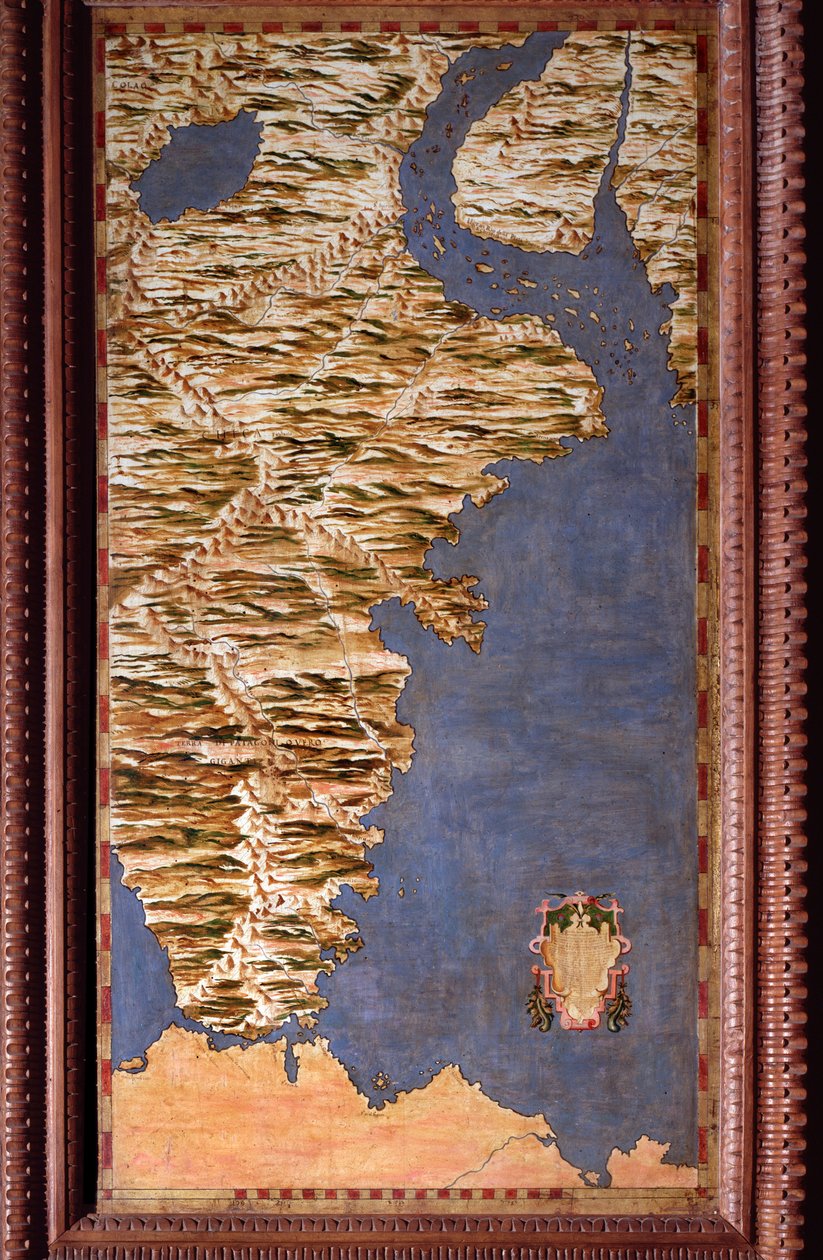 Magellans Detroit-kort lavet af Egnazio Danti (1536-1586) matematiker, kosmograf og italiensk arkitekt. Omkring 1567. Firenze, Palazzo Vecchio, Sala del Mappamondo af Egnazio Danti