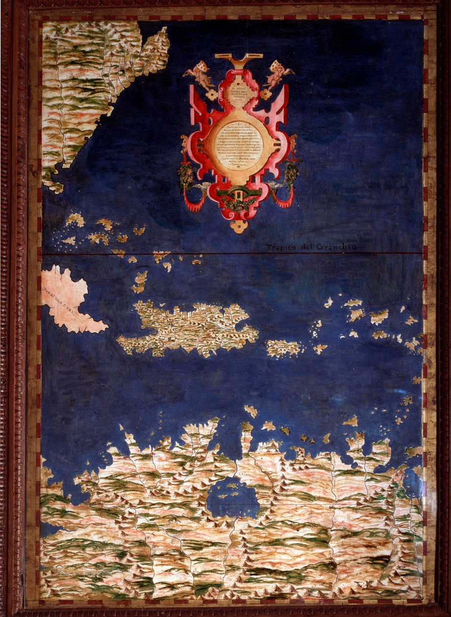 Santo Domingo (Santo Domingo) eller Hispaniola-kort lavet af Egnazio Danti (1536-1586) matematiker, kosmograf og italiensk arkitekt. Omkring 1567. Firenze, Palazzo Vecchio, Sala del Mappamondo af Egnazio Danti