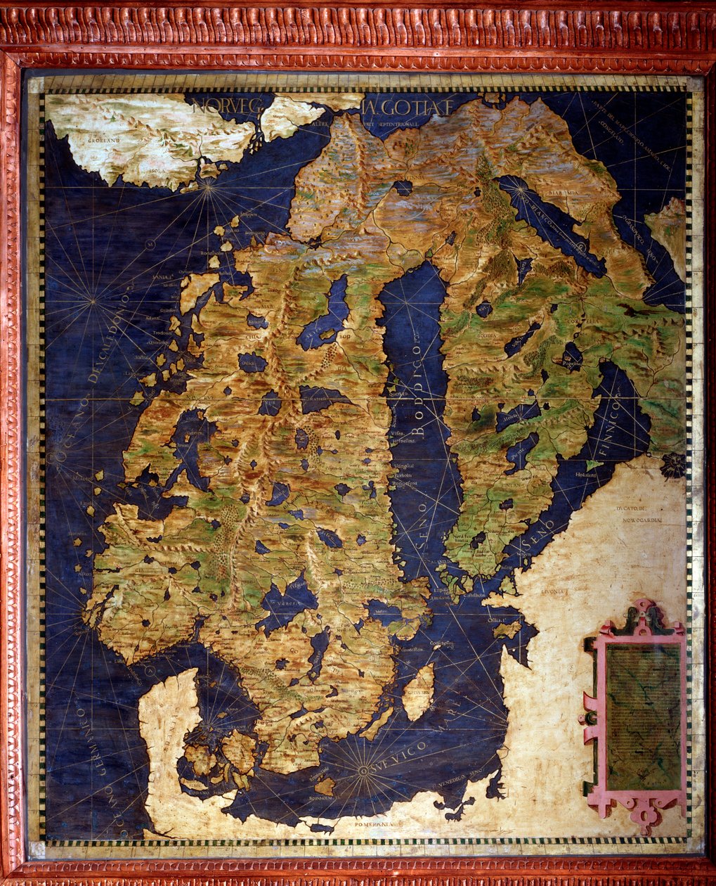Skandinavien: Norge, Sverige, Finland. Kort lavet af Egnazio Danti (1536-1586) matematiker, kosmograf og italiensk arkitekt. Omkring 1567. Firenze, Palazzo Vecchio, Sala del Mappamondo af Egnazio Danti