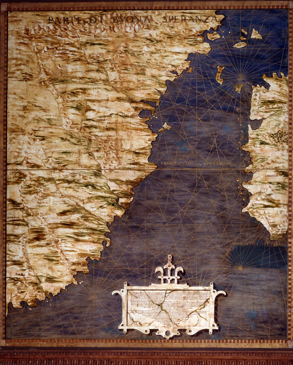 Kort over Sydafrika og Cape of Good Esperance lavet af Egnazio Danti (1536-1586) matematiker, kosmograf og italiensk arkitekt. Omkring 1567. Firenze, Palazzo Vecchio, Sala del Mappamondo af Egnazio Danti