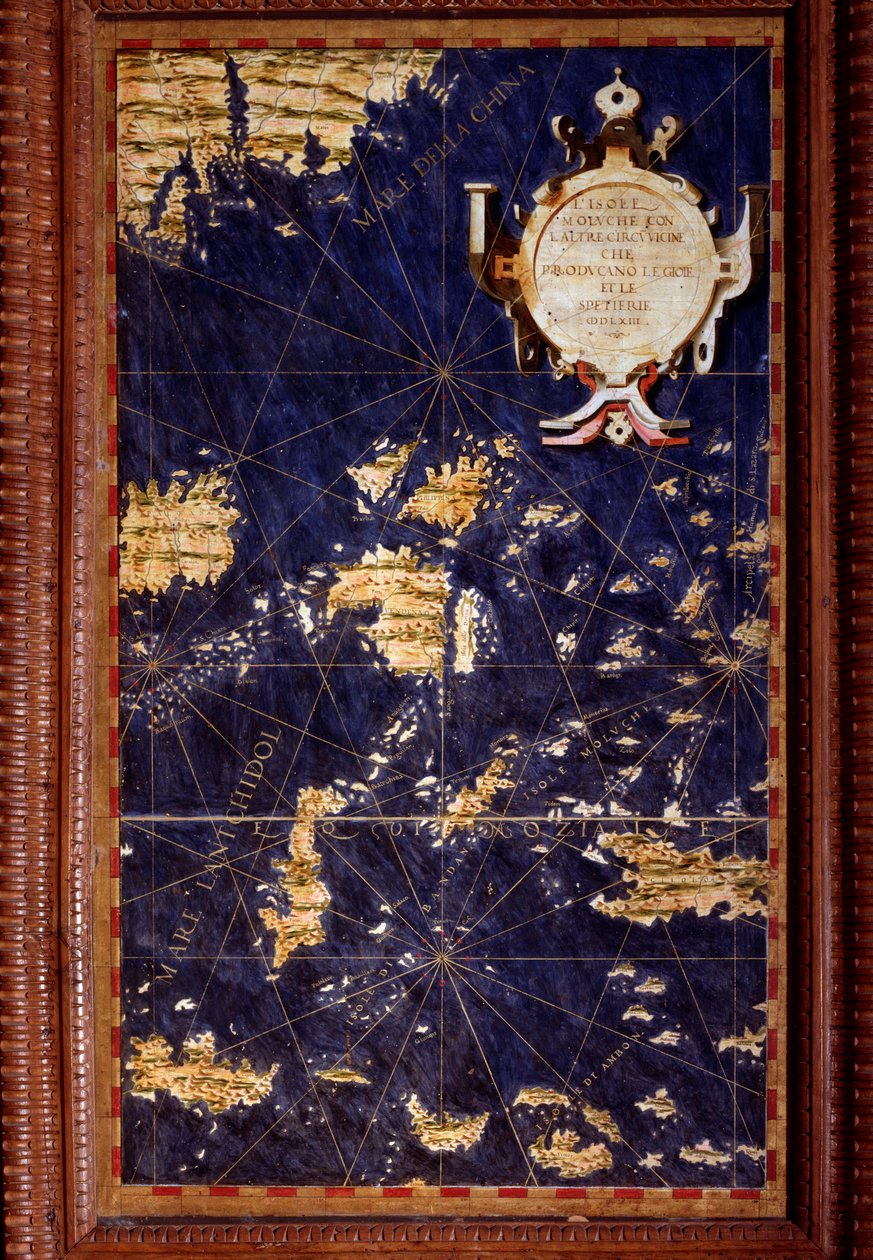Kort over Molukkerne lavet af Egnazio Danti (1536-1586), matematiker, kosmograf og italiensk arkitekt. Omkring 1567. Firenze, Palazzo Vecchio, Sala del Mappamondo af Egnazio Danti