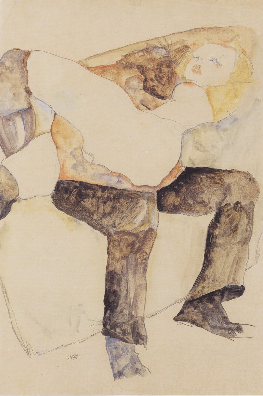 Mand holder kvinde på knæ af Egon Schiele