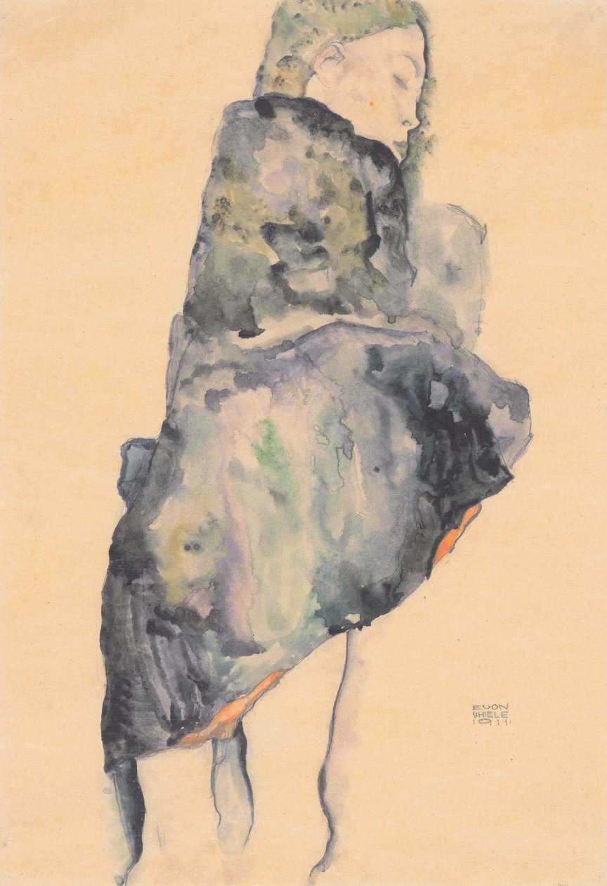 Sovende pige holdt i et tæppe af Egon Schiele