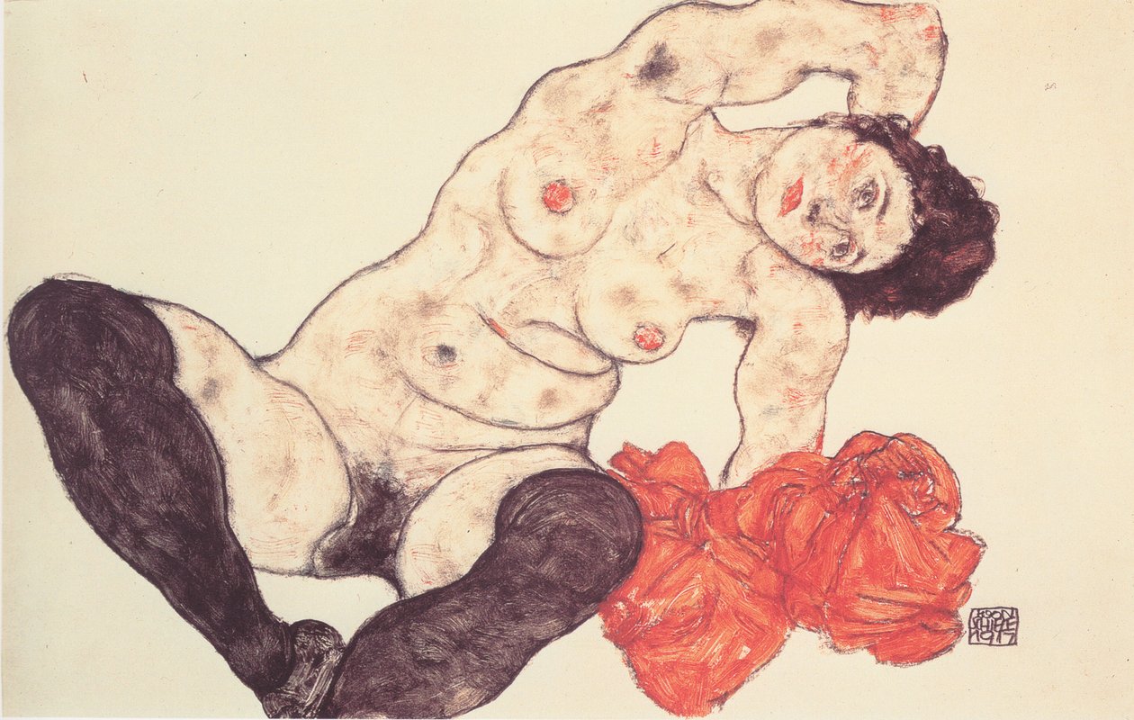 Kvindelig nøgen med gule håndklæder af Egon Schiele