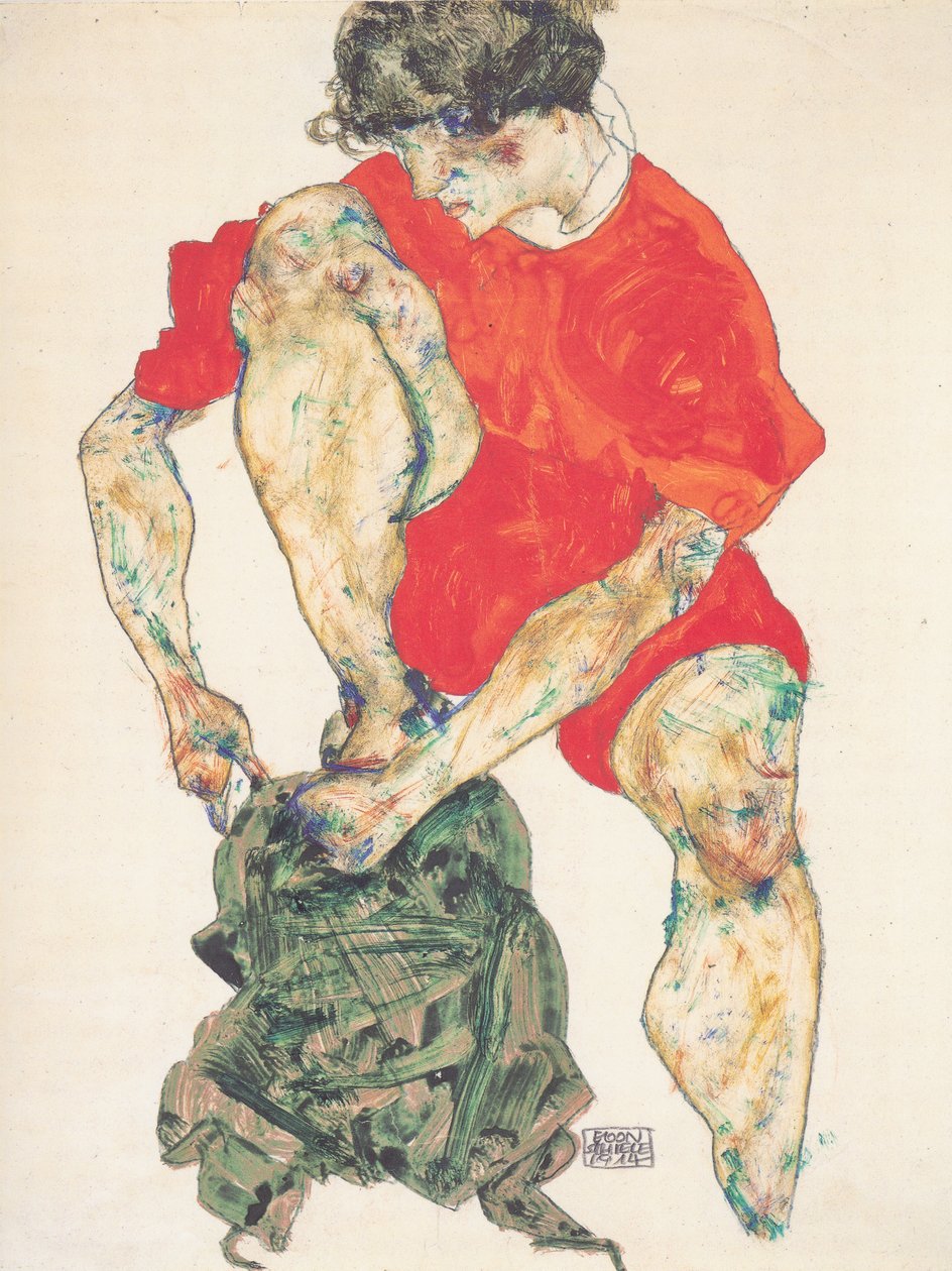 Kvindelig model i rød kappe af Egon Schiele