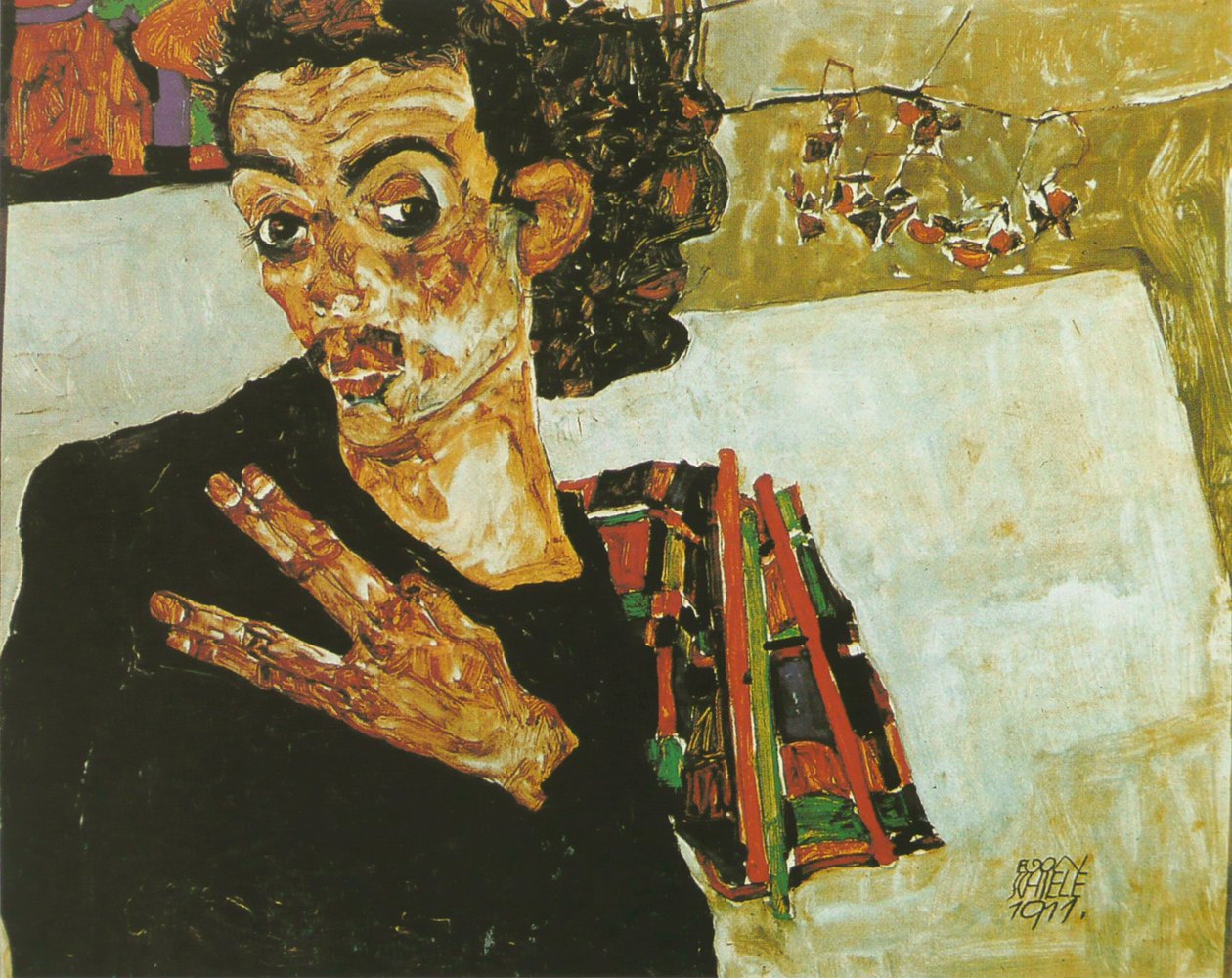 Selvportræt med sort beholder af Egon Schiele