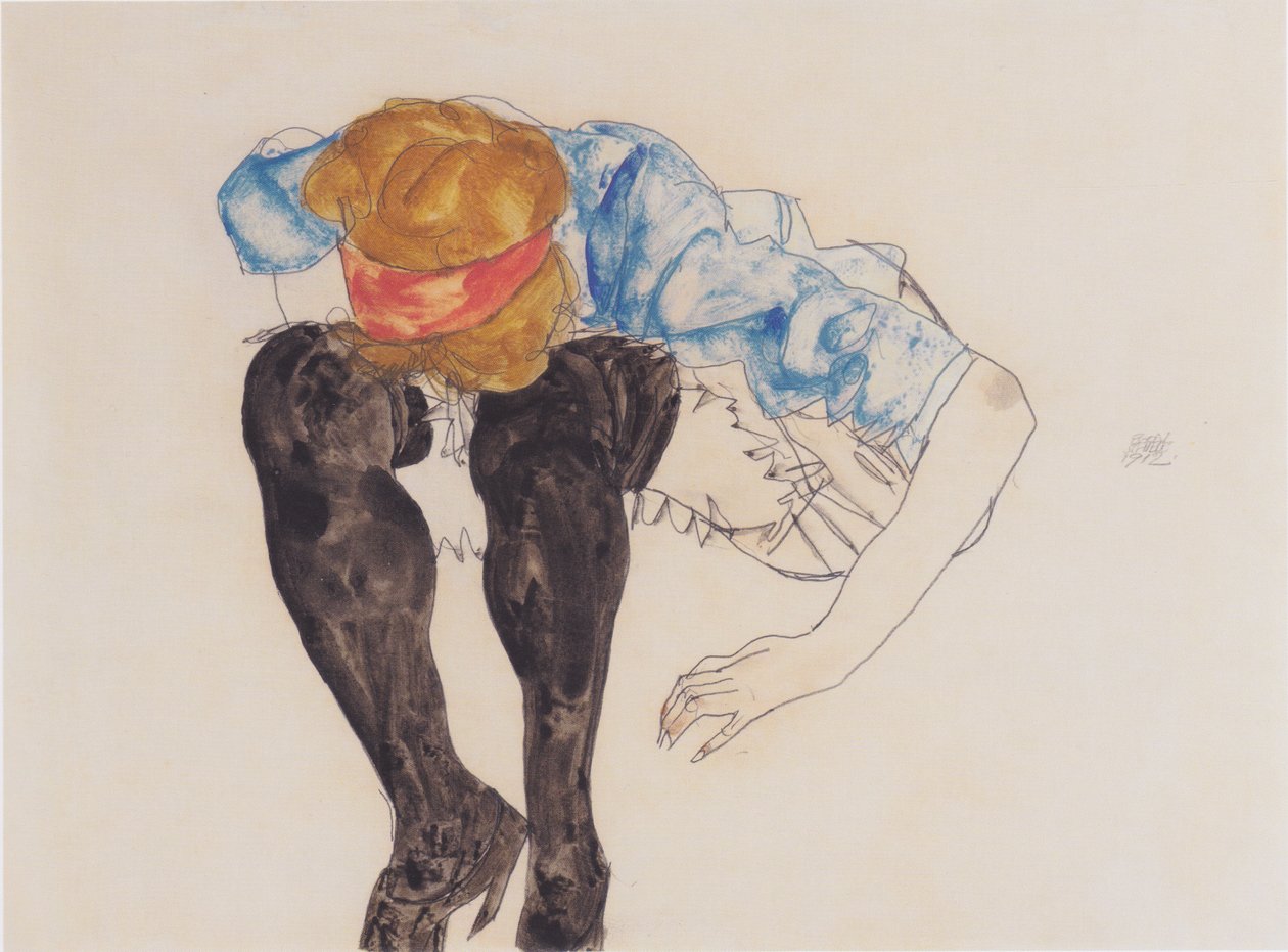 Blond, bøjet over i sorte strømper af Egon Schiele