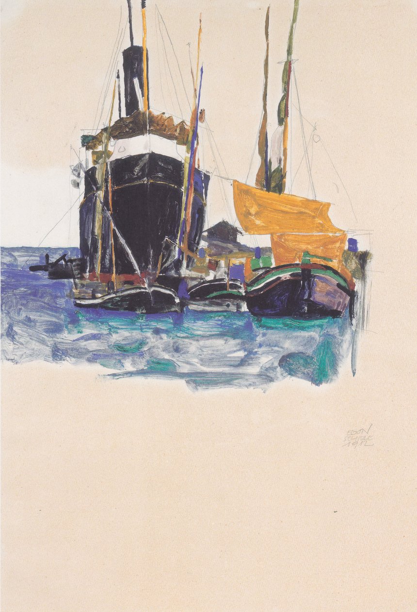 Dampere og sejlbåde i havnen i Trieste af Egon Schiele