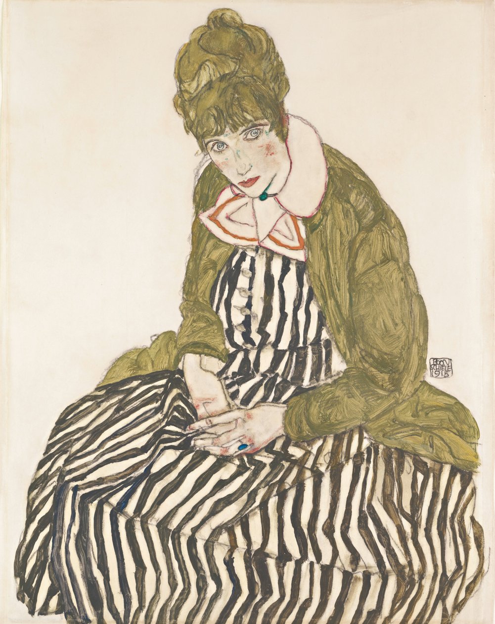 Edith med stribet kjole, siddende af Egon Schiele