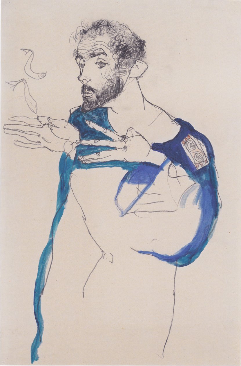 Gustav Klimt i en blå malersokkel af Egon Schiele