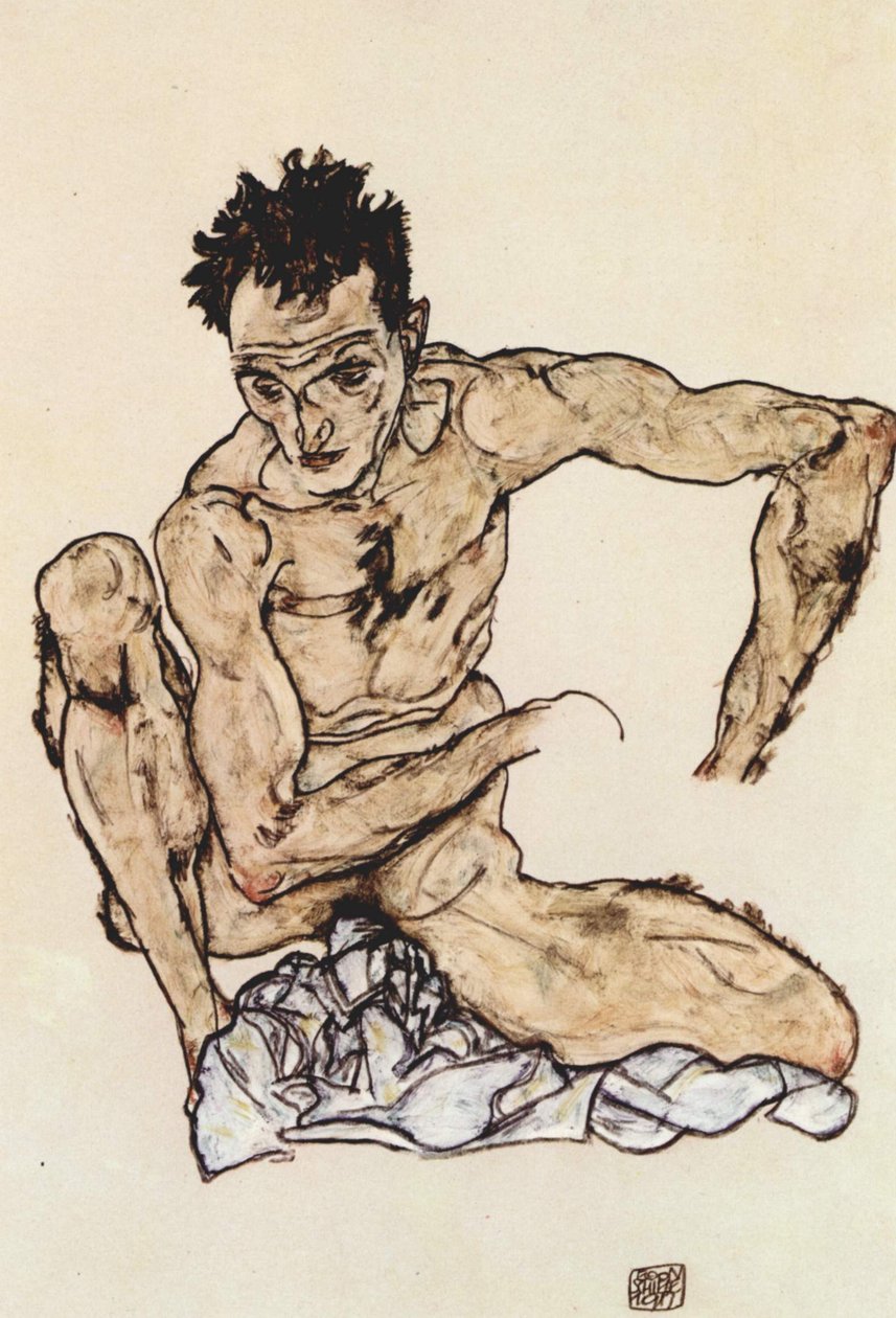 Hængende mandlig nøgen af Egon Schiele