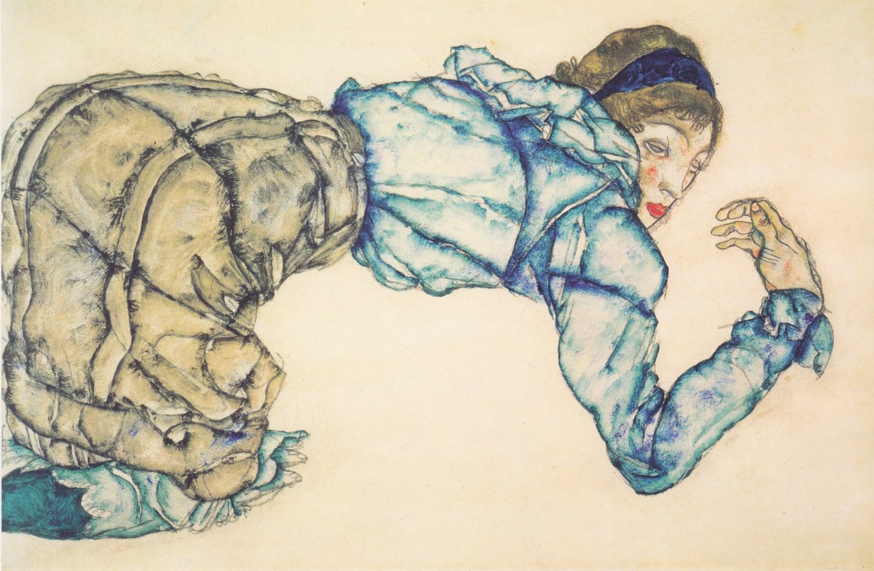 Knælende kvinde i en blå bluse af Egon Schiele