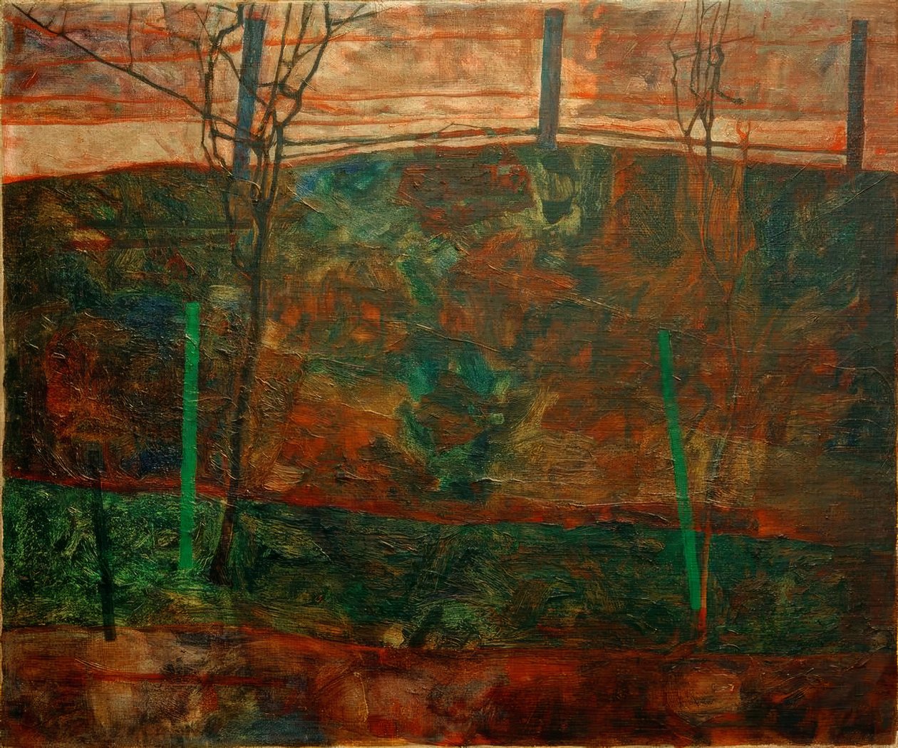 Landskab med rød himmel af Egon Schiele