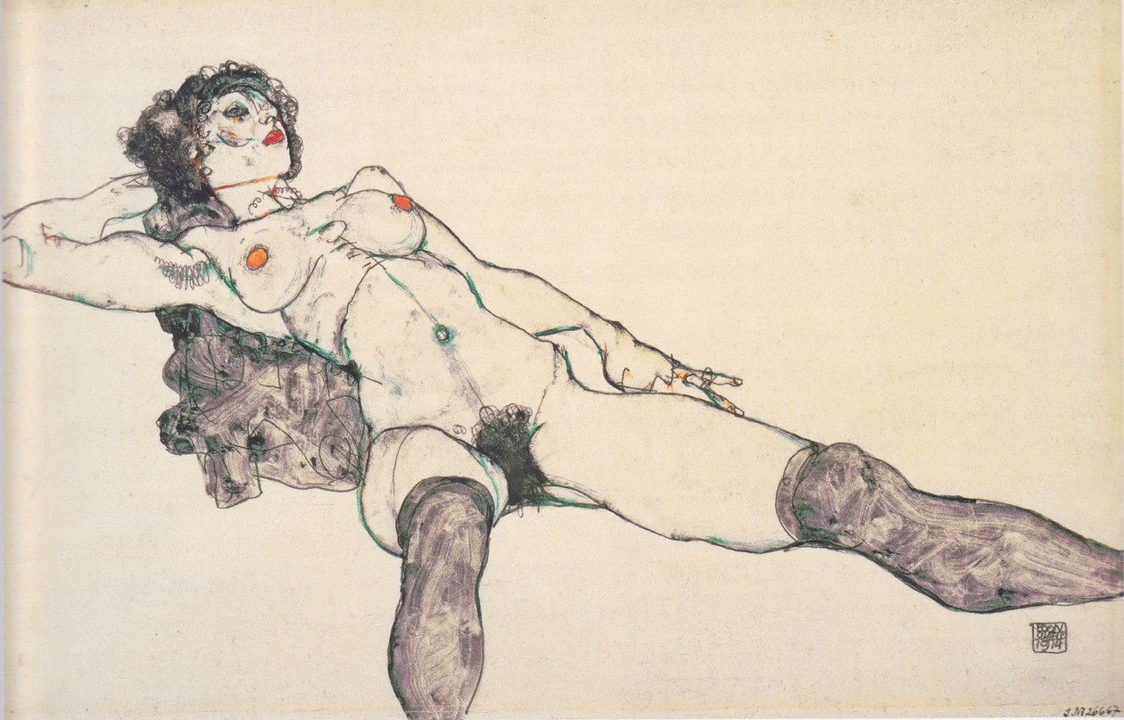 Liggende kvindelig nøgen med benene fra hinanden af Egon Schiele