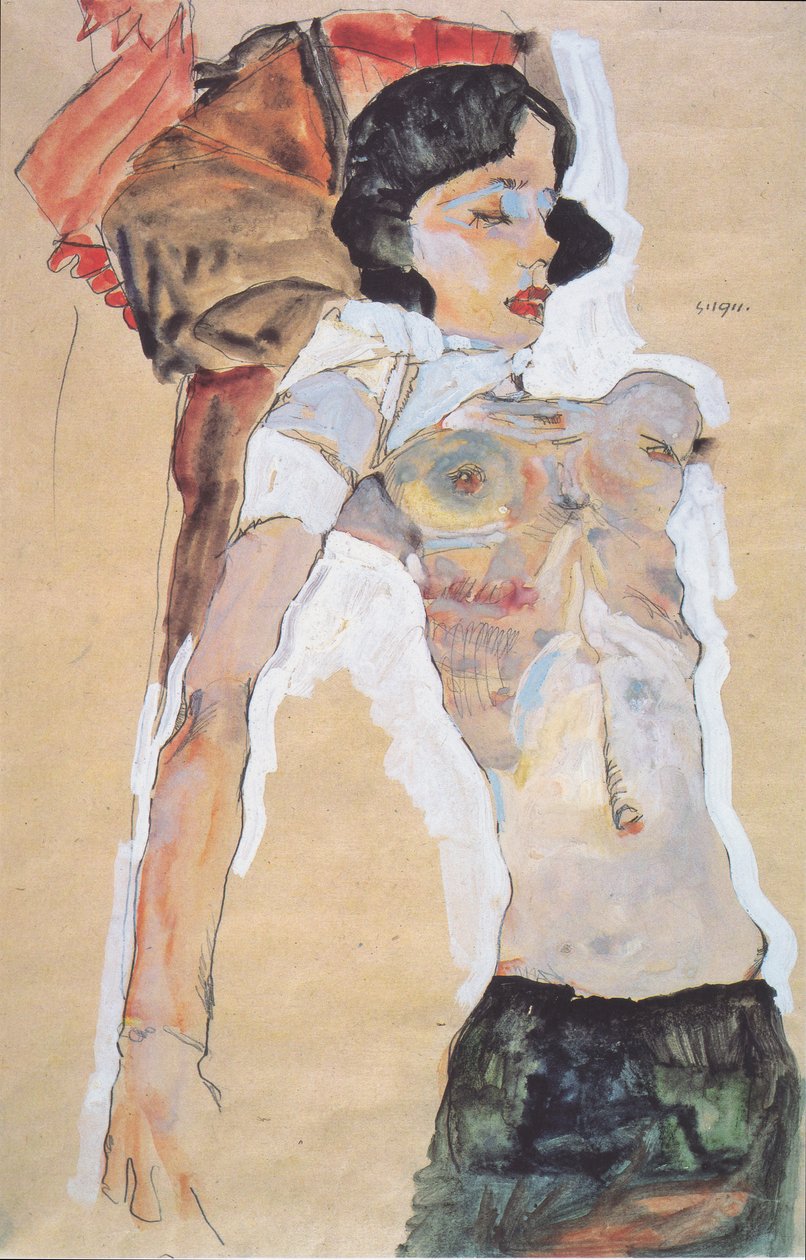 Liggende, træklædt pige af Egon Schiele