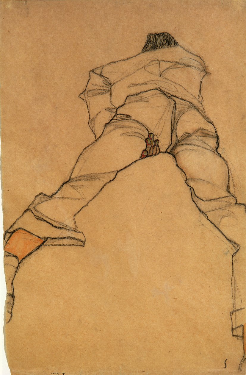Mand liggende med ansigtet nedad, set bagfra, 1910 (blyant og wc) af Egon Schiele