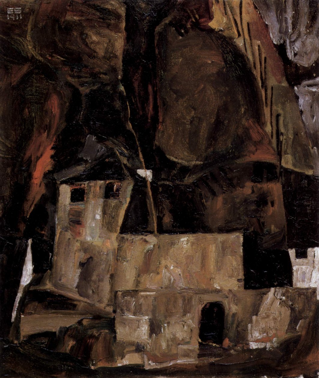 Mur og hus foran bakket terræn med et hegn af Egon Schiele