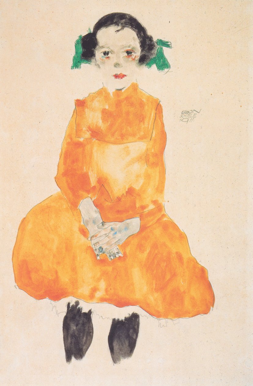 Pige i gul okerkjole af Egon Schiele