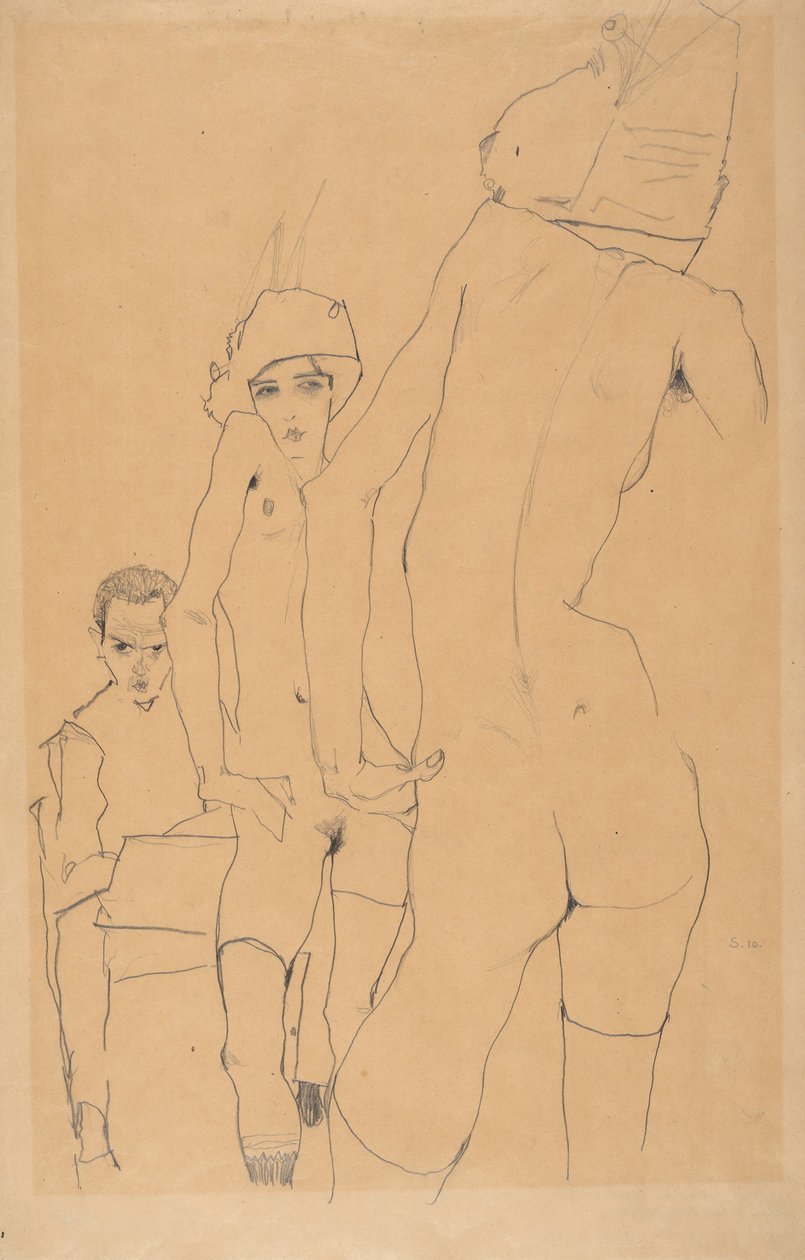 Schiele med nøgen model før spejlet, 1910 af Egon Schiele
