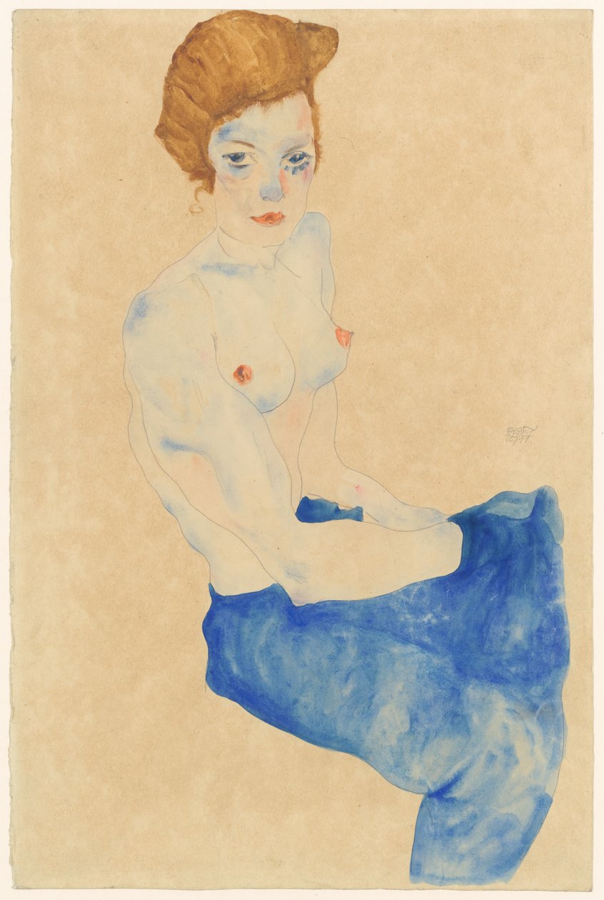 Siddende blå nøgen af Egon Schiele