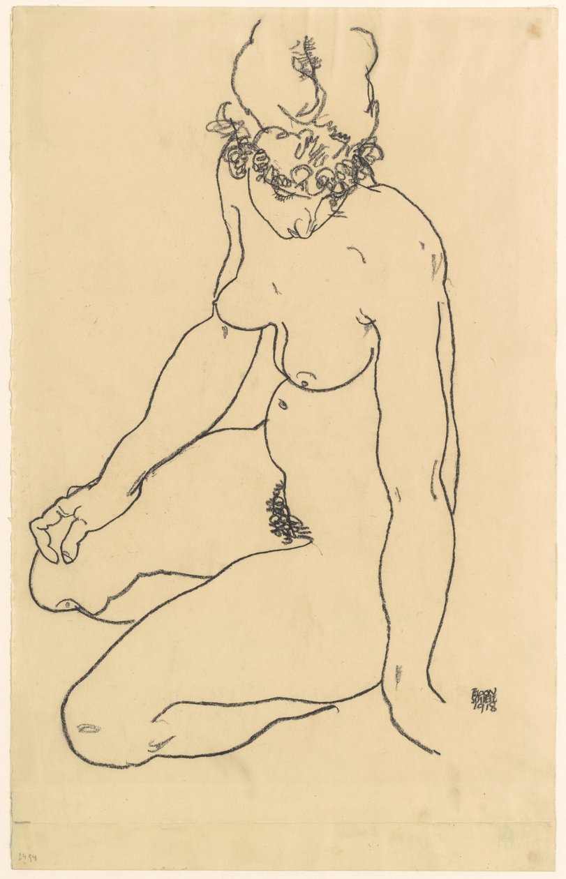 Siddende kvindelig nøgen, 1918 af Egon Schiele