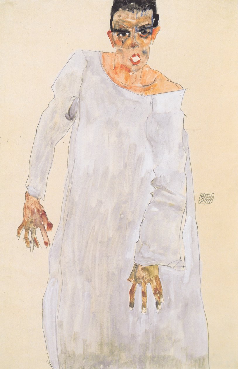 Selvportræt i en hvid kappe af Egon Schiele
