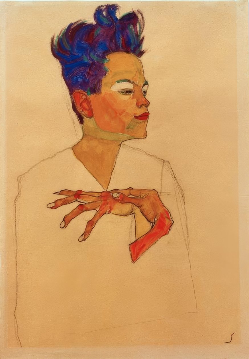 Selvportræt med hænderne placeret mod brystet af Egon Schiele