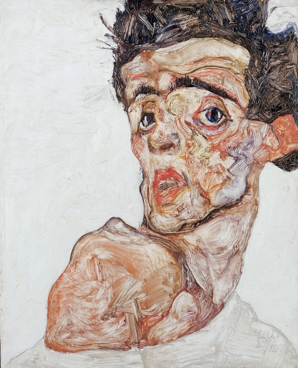 Selvportræt med løftet bar skulder, 1912 af Egon Schiele